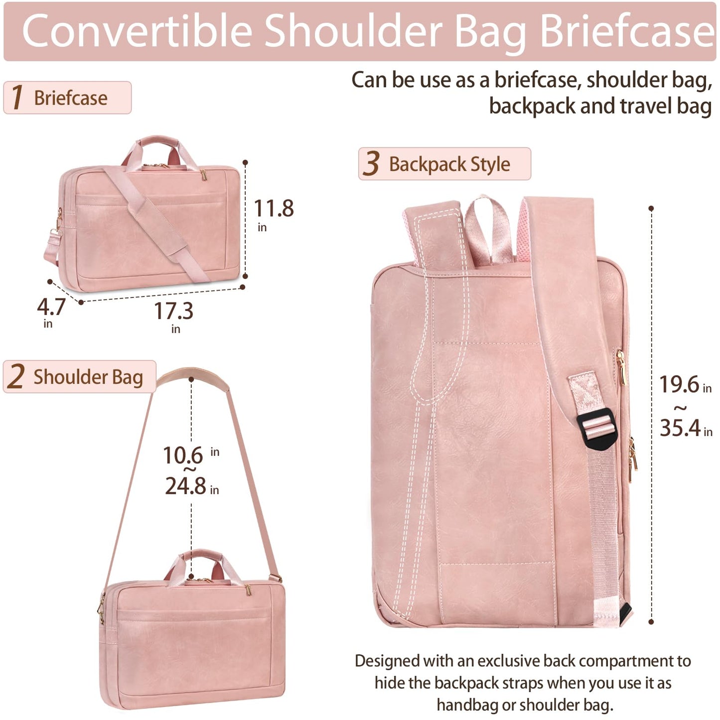 Stuery Faux Leather Messenger Bag for Men 17-17.3 Inch: Laptop Bag Briefcase Computer Handbags Shoulder Crossbody Bag with Padded Laptop Sleeve for Work College Travel, PU Pink