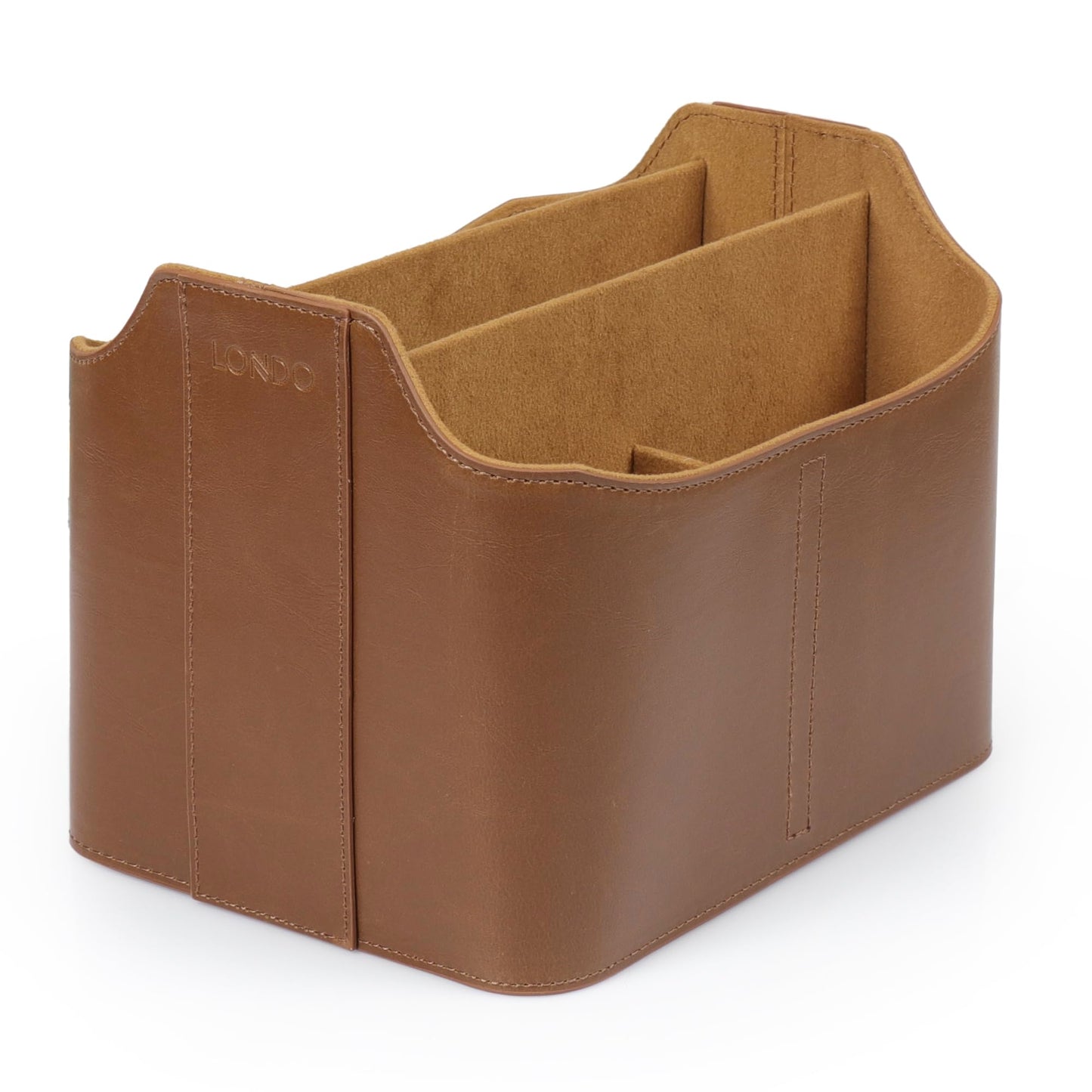 Londo PU Vegan Leather Desk Organizer Cube with Tablet Slot, Nightstand Caddy & Couch Organizer — 4 Remote Pockets + iPad/Kindle Slot, Makeup Brush Holder, Suede Lined, 8 x 6.1 x 6.1 in, Light Brown