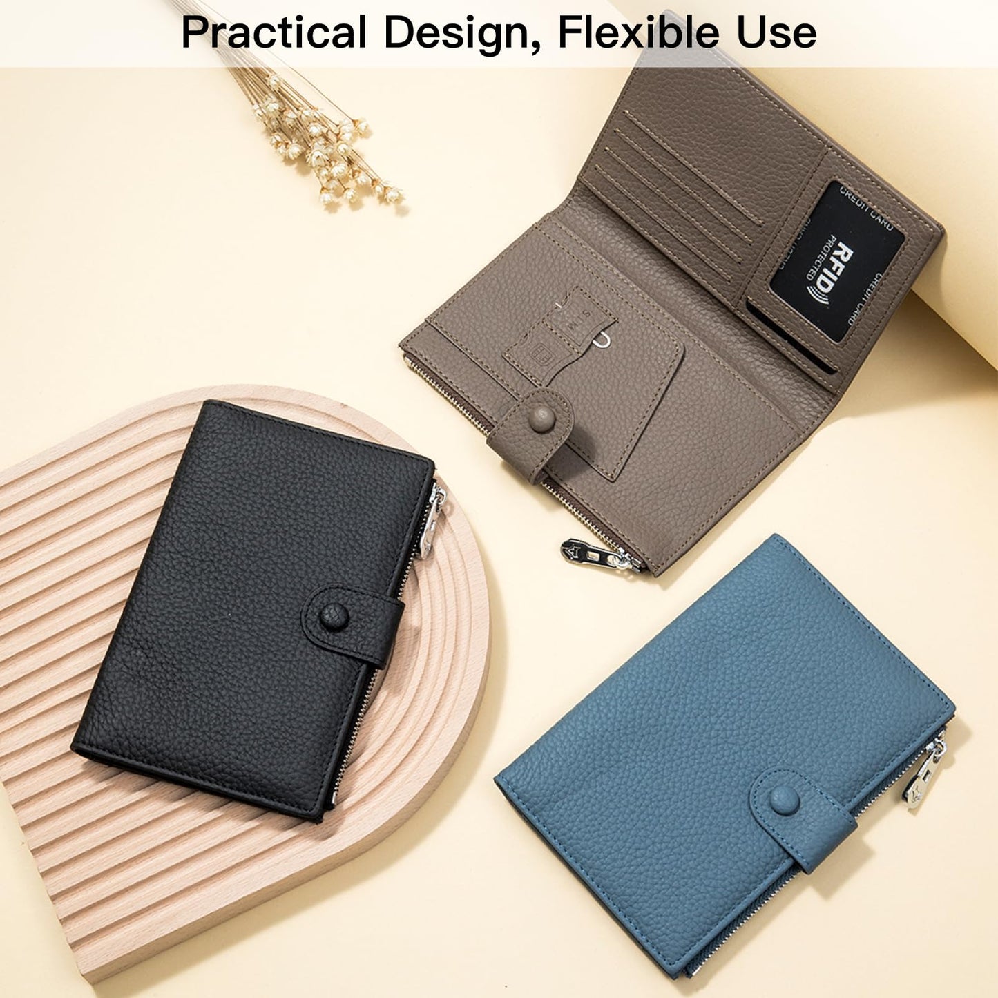 Genuine Leather RFID Blocking Passport Holder Wallet, Multi-Functional Travel Document Organizer with Zipper Pocket, Includes SIM Card Ejector Pin (Dark Khaki)
