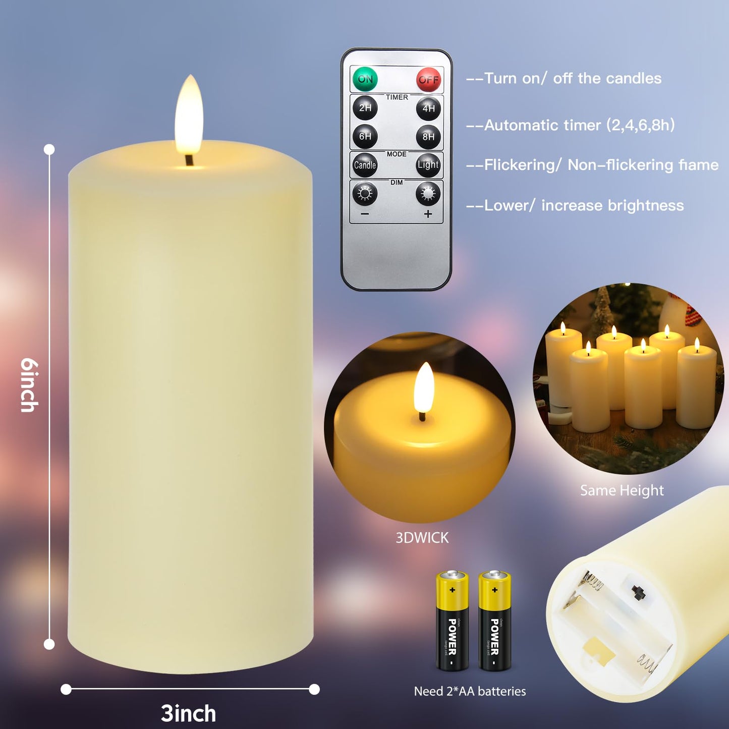 Hinabichan Flameless Candles Battery Operated with Remote and 2/4/6/8 H Timer, 6pcs Flickering Fake Electric Candles for Festival Home Party Decor (D3 x H 6") (Ivory)