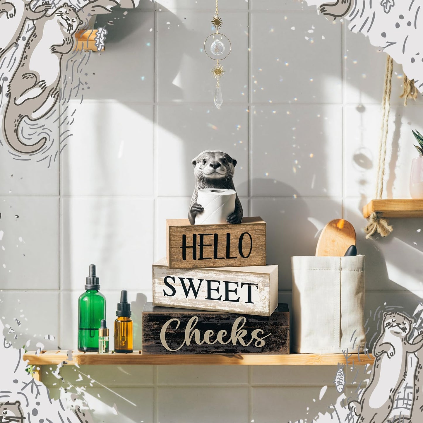 Moucuny 4 Pcs Otter Bathroom Decor Set Farmhouse Bathroom Decor and Accessories Rustic Hello Sweet Cheeks Wooden Blocks Signs with Toilet Paper Funny Toilet Shelf Decoration for Home Office Half Bath
