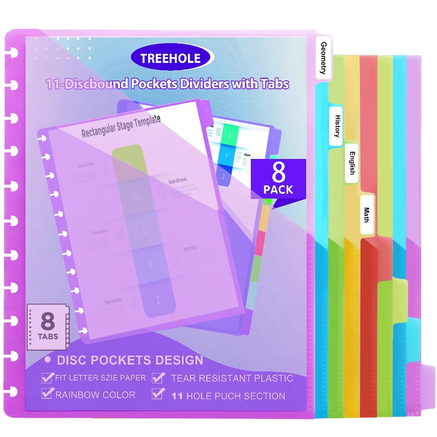 11 -Discbound Pocket Divider with 8 Tabs,1 Set Letter Size Tul Notbook Divider Folder Dis Planner Inserts for for Document Discbound System, Office Home School（8PCS