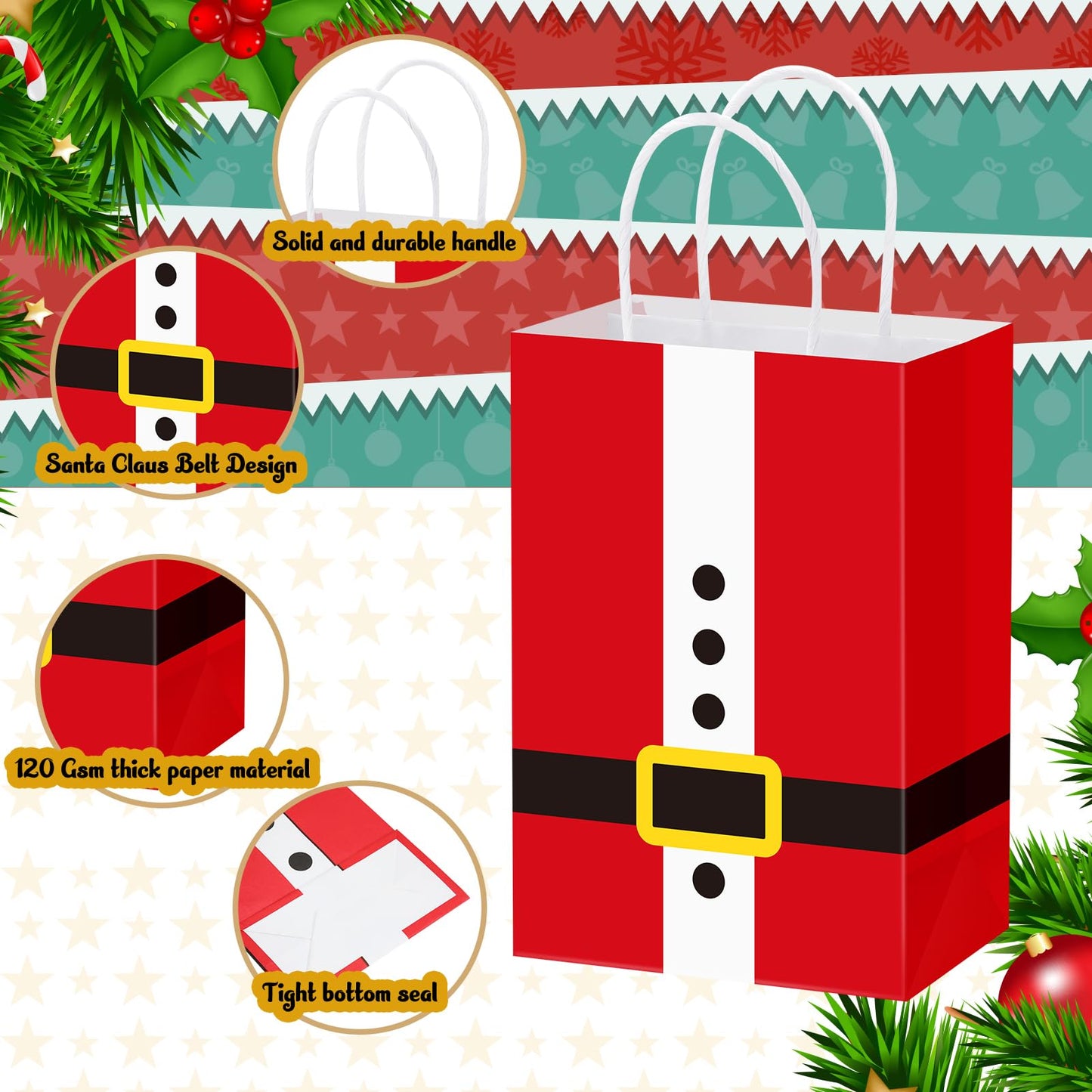 Geyoga 24 Pcs Large Christmas Paper Gift Bags Bulk Santa Claus Suit Print Bags with Handle Xmas Santa Goodie Treat Party Favor Pouches for Candy Gift Wrapping Party Supplies, 8.27 x 5.91 x 3.15 in