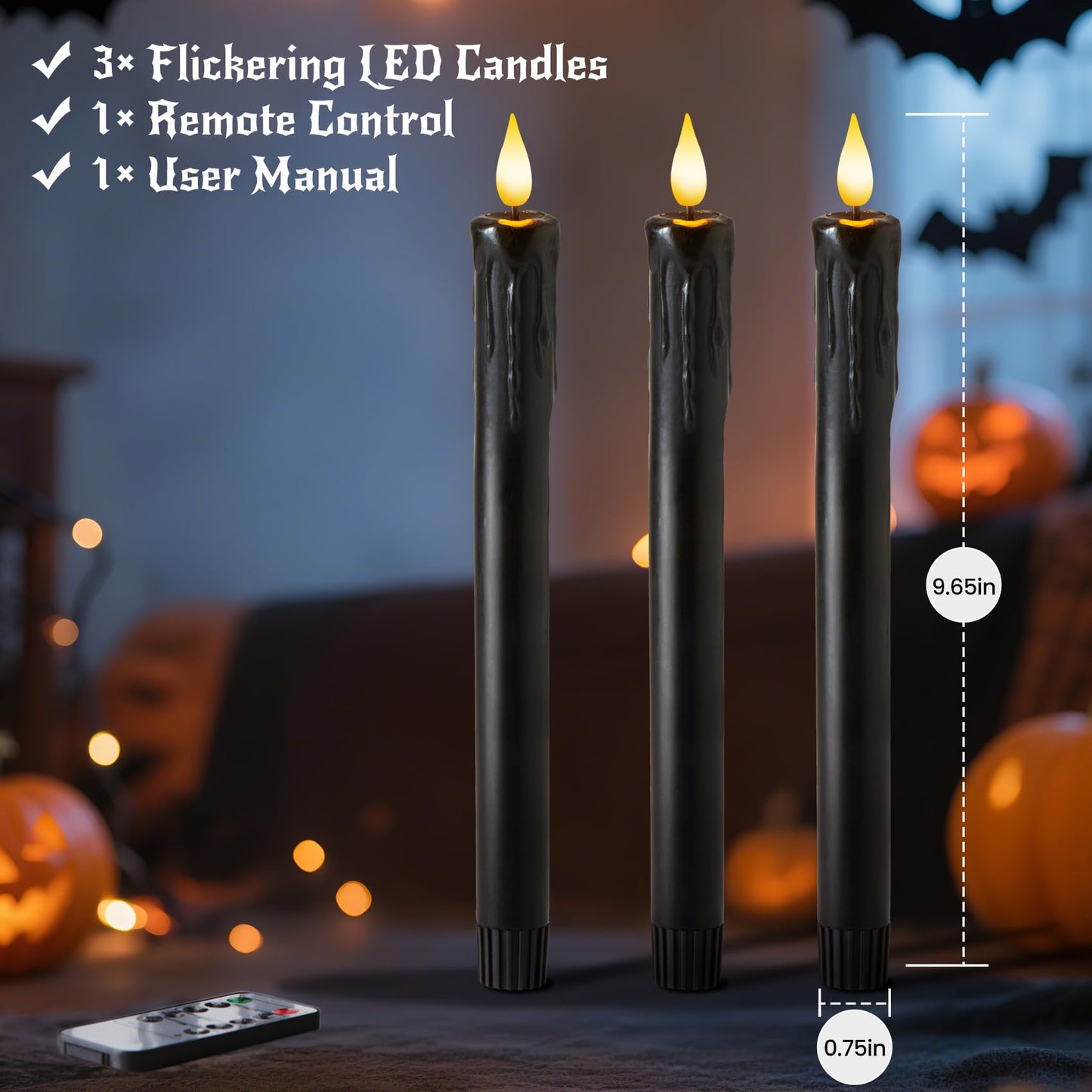 Velsyn Black Flameless Taper Candles with Remote and Timer - 9.65 Inch Real Wax LED Candlesticks - Wax Drip Battery Operated Halloween Taper Candles with 3D Flickering Flame Halloween Decor, 3 Pack