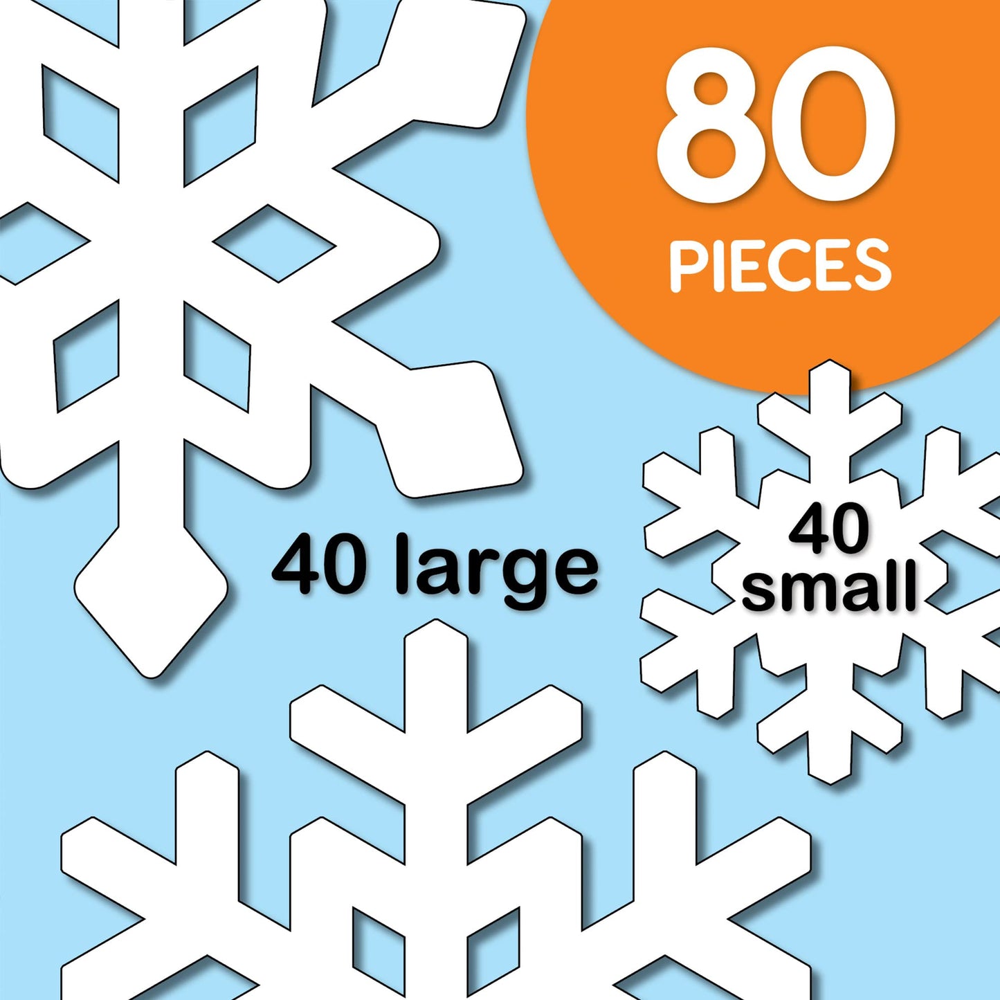 80 Pieces Snowflake Paper Cutouts with IDEA Guide, 2-Sided US Made Card Stock Punch Out White Snowflakes for Bulletin Boards, Classroom Decor - Small and Large Snowflake Decorations Winter Cutouts