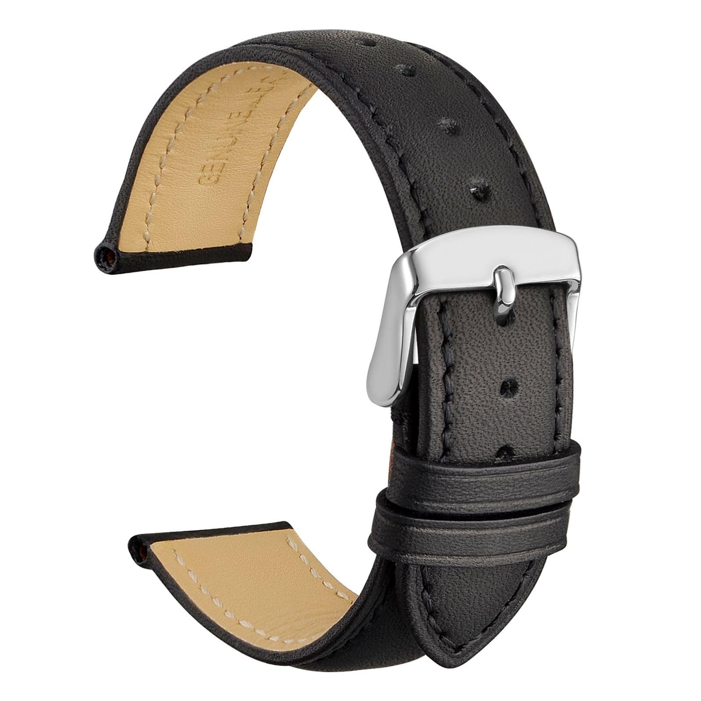 WOCCI 22mm Vintage Leather Watch Band for Men and Women, Silver Buckle (Black)