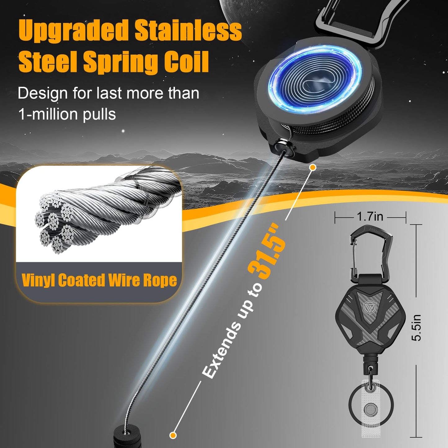Oaridey Retractable Keychain with Smart Interval Locking, Heavy Duty Badge Reel with Metal Carabiner and 31.5" Steel Cord, Retractable Lanyard for Engineers, Anglers, Construction Workers, 2 Packs