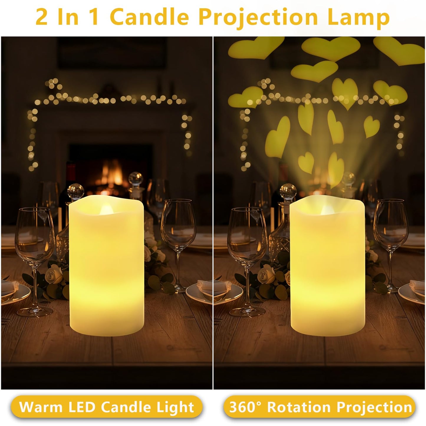 AVEKI Heart Flameless Candles Projector, Valentine's Day LED Pillar Candles with Remote and Timer, Battery Operated Romantic Projection Light for Wedding Home Decor, Gifts for Women (Love-White)