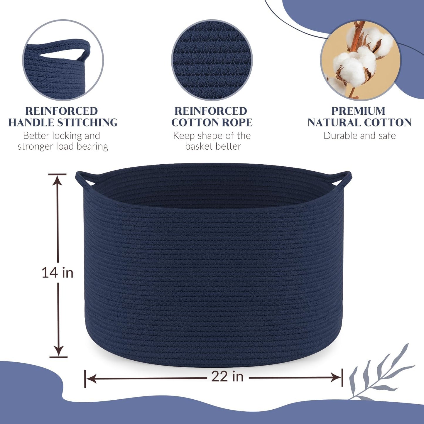 Extra Large Blanket Basket, Maliton Cotton Rope Bin for Toys, Woven Laundry Hamper with Handles, Decorative Storage for Living Room, Bedroom, Kids Room, Bathroom, 22" x 22" x 14", Blue