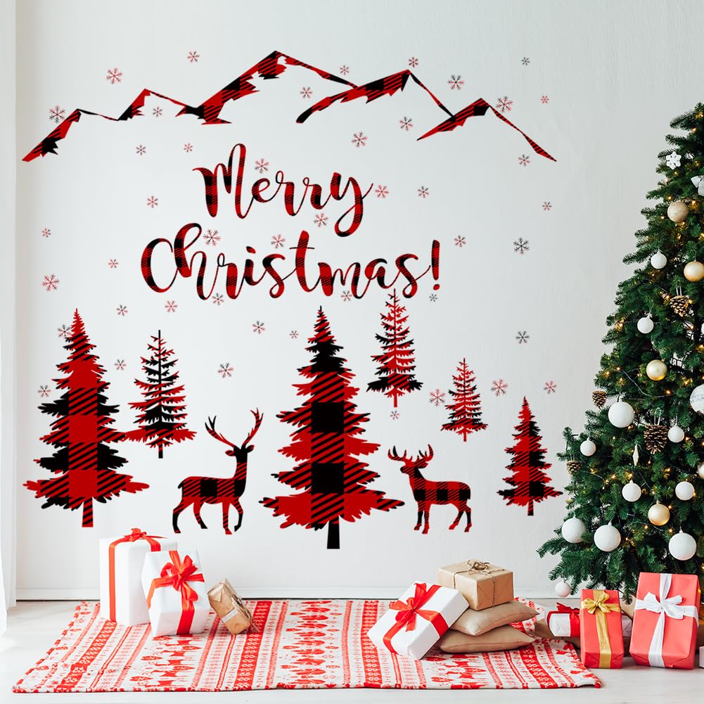 Prabahdak 3 Sheets Black Pine Tree Deer Wall Sticker Removable Snowflake Merry Christmas Wall Decal Winter Mountain Woodland Nursery Wall Stickers for Xmas Party Supplies