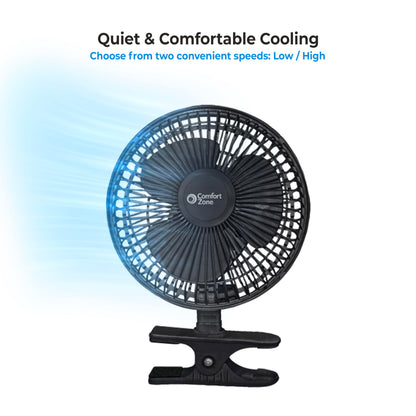 Comfort Zone Portable Clip on Fan, 6 inch Stroller Fan with Fully Adjustable Tilt, Quiet 2 Speed Bedside Fan, Mini Desk Fan, Table Fan, Easily Clip on to Desk, Stroller or Bedroom Nightstand, Black