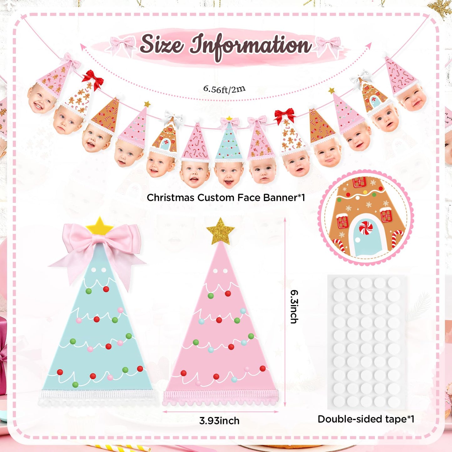 K KUMEED Custom Face Christmas Banner,Bow Birthday Photo Banner from Newborn to 12 Months Gingerbread Christmas Hat Theme Monthly Milestone Photograph Bunting Garland