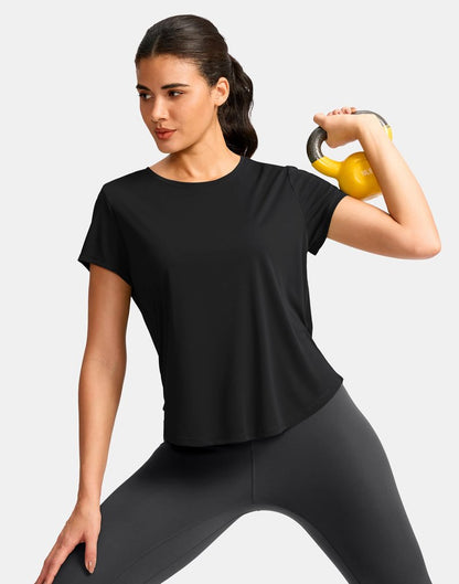 G Gradual Women's Workout Tops Short Sleeve Lightweight Athletic Yoga Running Shirts Loose Fit Quick Dry Gym T-Shirts(Black,L)