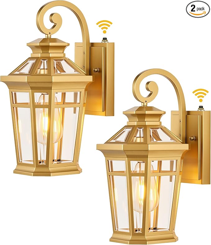 Outdoor Wall Lights Wall Mount, 2-Pack Dusk to Dawn Front Porch Light, Gold Modern Exterior Wall Sconce, Exterior Garage Lighting Fixtures, Weather Resistant Coach Lanterns Outdoor, Anti-Rust