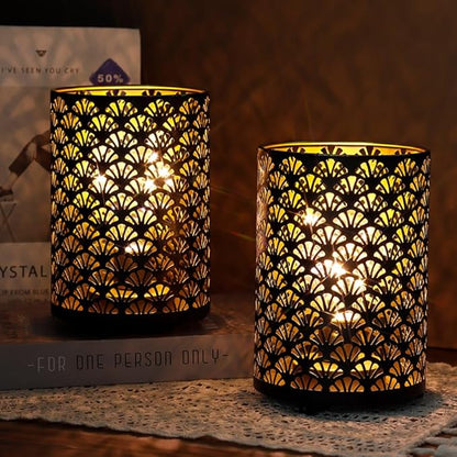 TRIROCKS Set of 2 Battery Operated Lamp 6.5'' Tall Metal Cordless Table Lamp Bronze Lanterns with Warm Fairy Lights Bulb for Patio Garden Wedding Parties Indoor Outdoor(Scalloped Hollow Pattern)