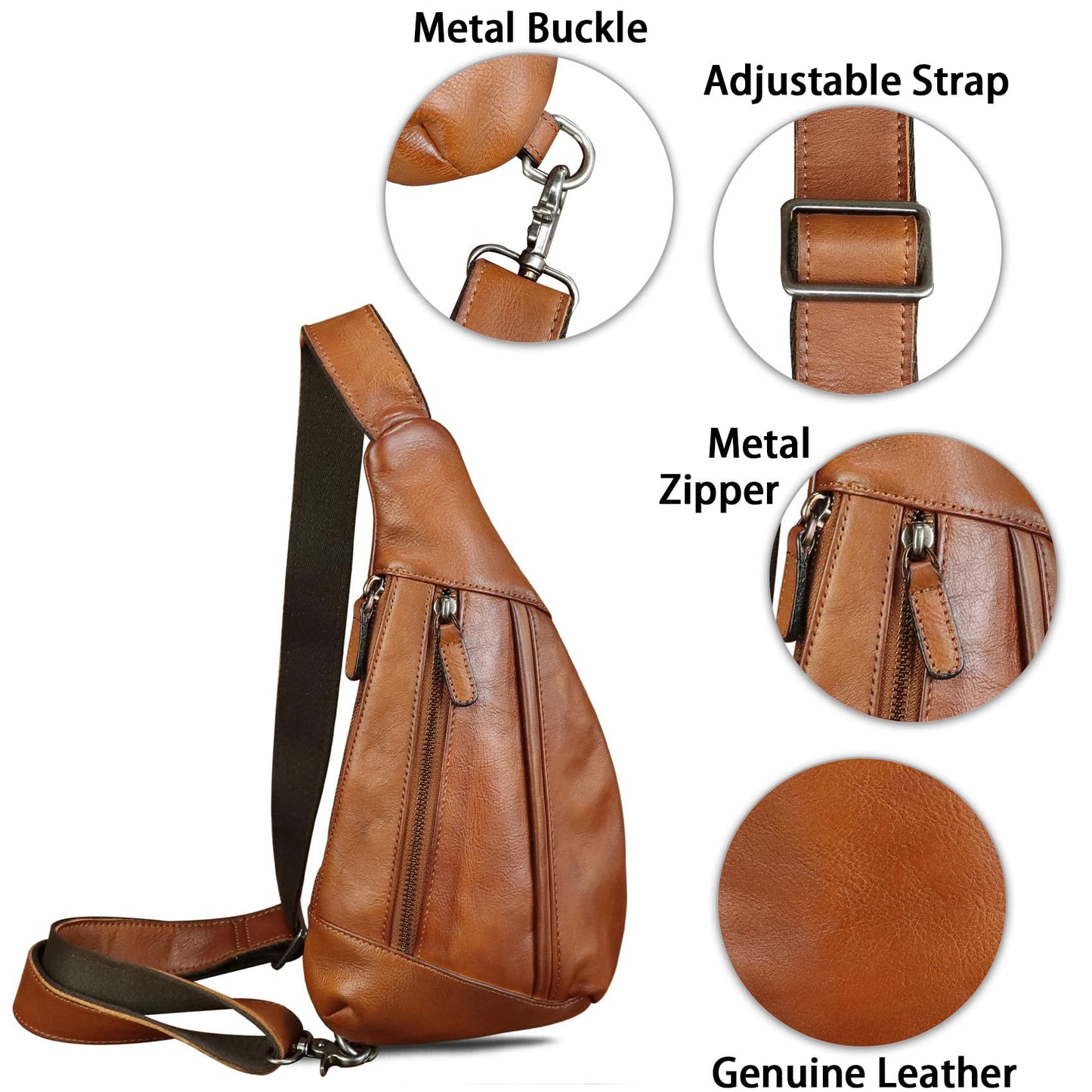 Genuine Leather Sling Bag for Men and Women Vintage Real Leather Crossbody Chest Bags Backpack Purse for Travel Hiking (Brown)