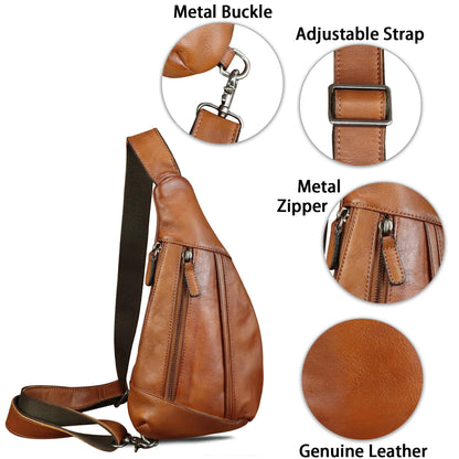 Genuine Leather Sling Bag for Men and Women Vintage Real Leather Crossbody Chest Bags Backpack Purse for Travel Hiking (Brown)