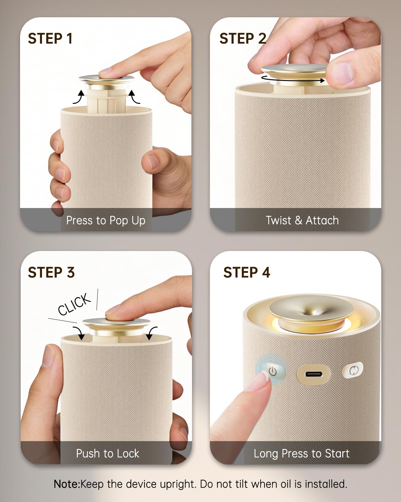 Waterless Essential Oil Diffuser,Portable Car Aromatherapy Diffuser,Rechargeable Cordless Scent Device with Fabric Design,Adjustable Mist & Ambient Light for Home, Office, Travel (Beige)