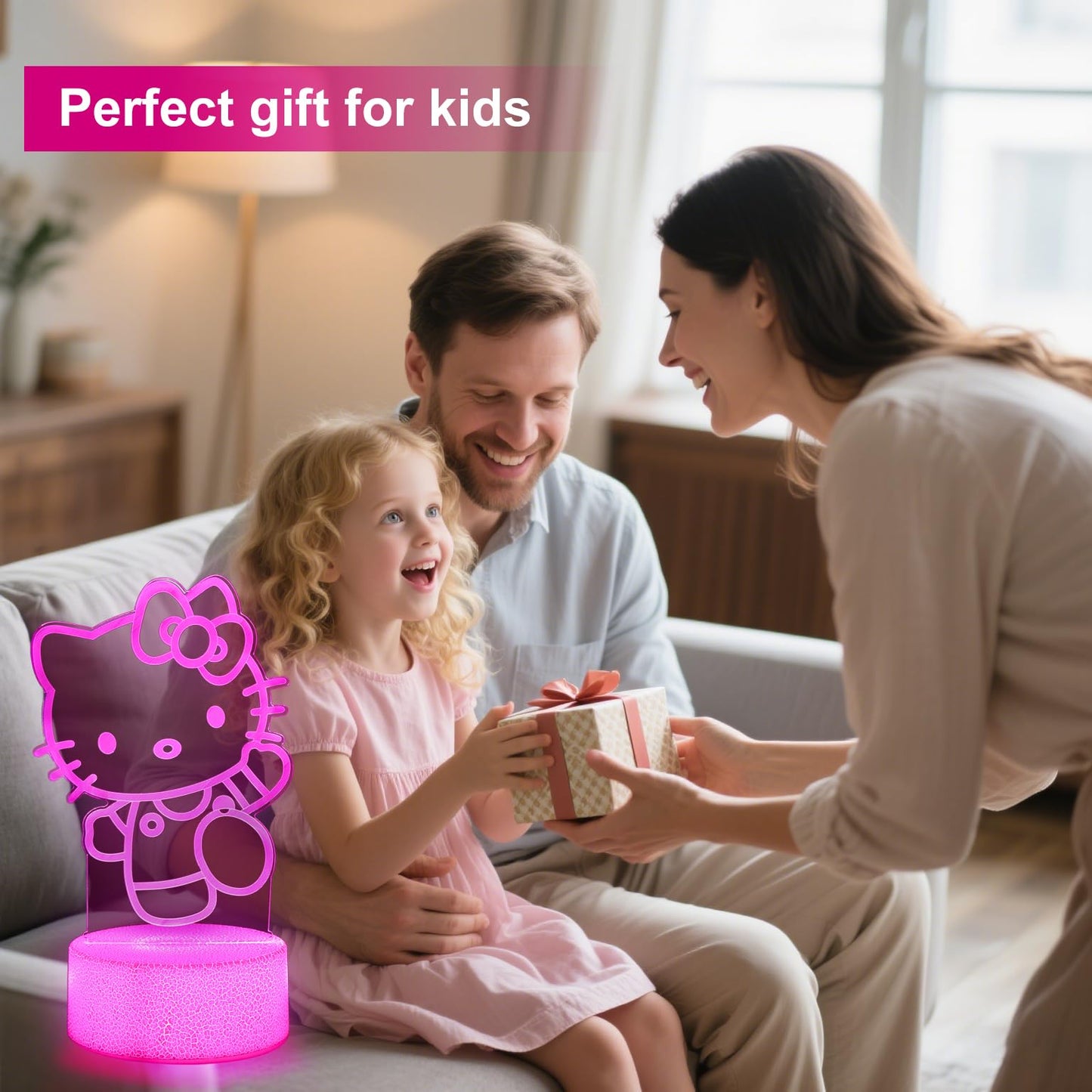 sunduck Pink Kawaii Kitty 3D Night Light with Corded Control- Dreamy Girls Room Decor, Perfect Birthday/Christmas Gift for Kids, Unique Holiday Present