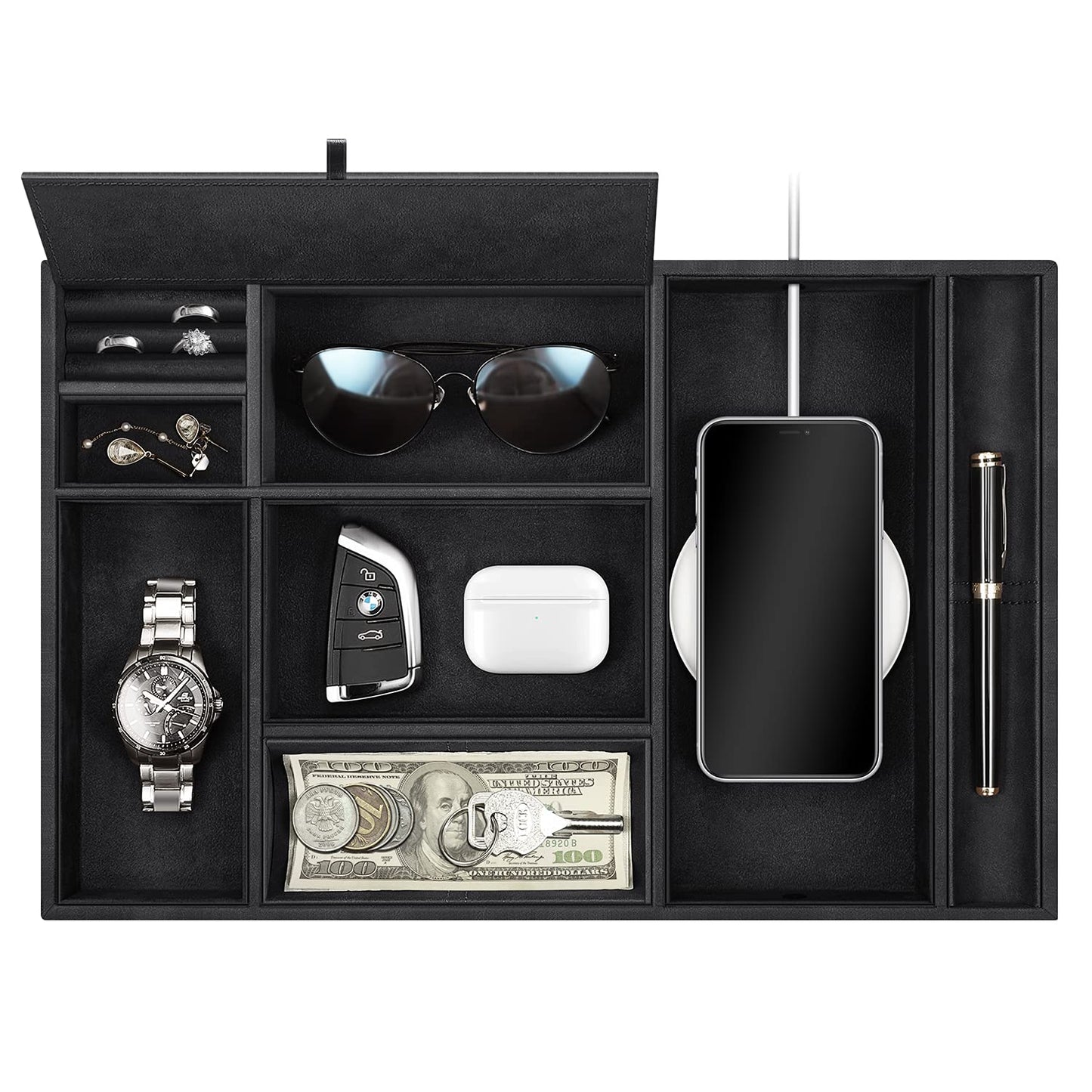 SITHON Valet Tray Desktop Organizer - 8 Compartments Catchall EDC Tray PU Leather Bedside Vanity Nightstand Caddy Coin Box Key Jewelry Storage Organizer, Black