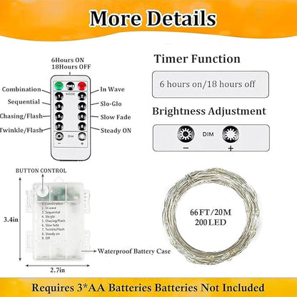 2-Pack Fairy Lights Battery Operated with Remote, Waterproof 66FT 200 LED Battery String Lights Outdoor Indoor, 8 Modes Twinkle Lights with Timer for Bedroom Wedding DIY Christmas Decor (Warm White)