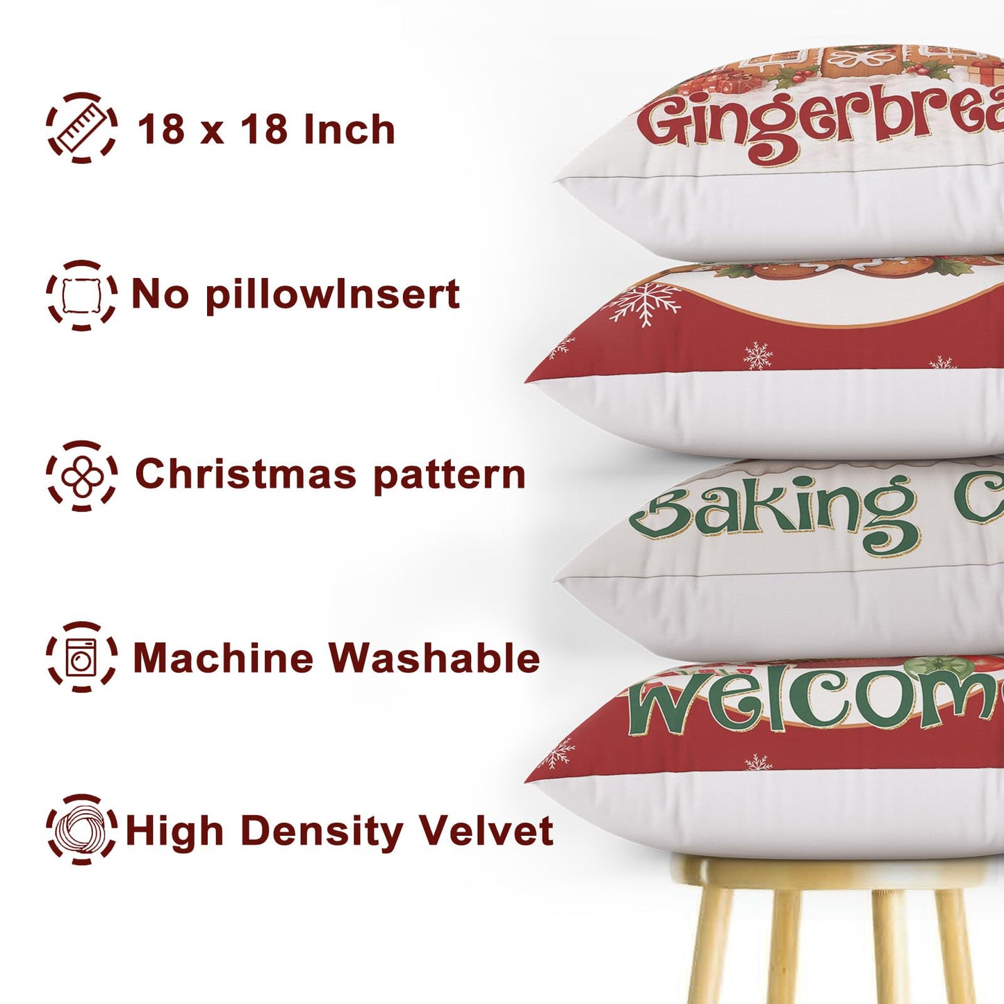 Mocsicka Christmas Gingerbread House Pillow Covers 18×18 Inch, Gingerbread Man House Bakery Throw Pillow Covers Xmas Holiday Cushion Case for Sofa Couch Bed Home Decorations Set of 4