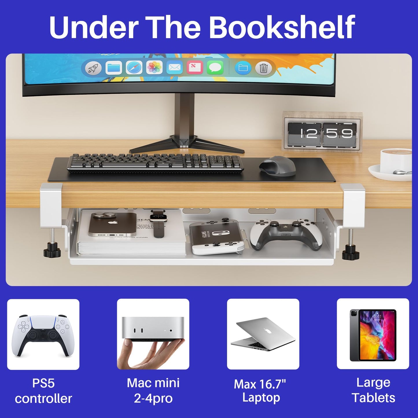 BYMECOST No Drill Under Desk Storage Shelf, Metal Under Desk Drawer Organizer with Clamp, Mount Under Desk Shelf Adds Tray, Desk Drawer for Office Desks, Table, Gaming Desk, Workstations (White)