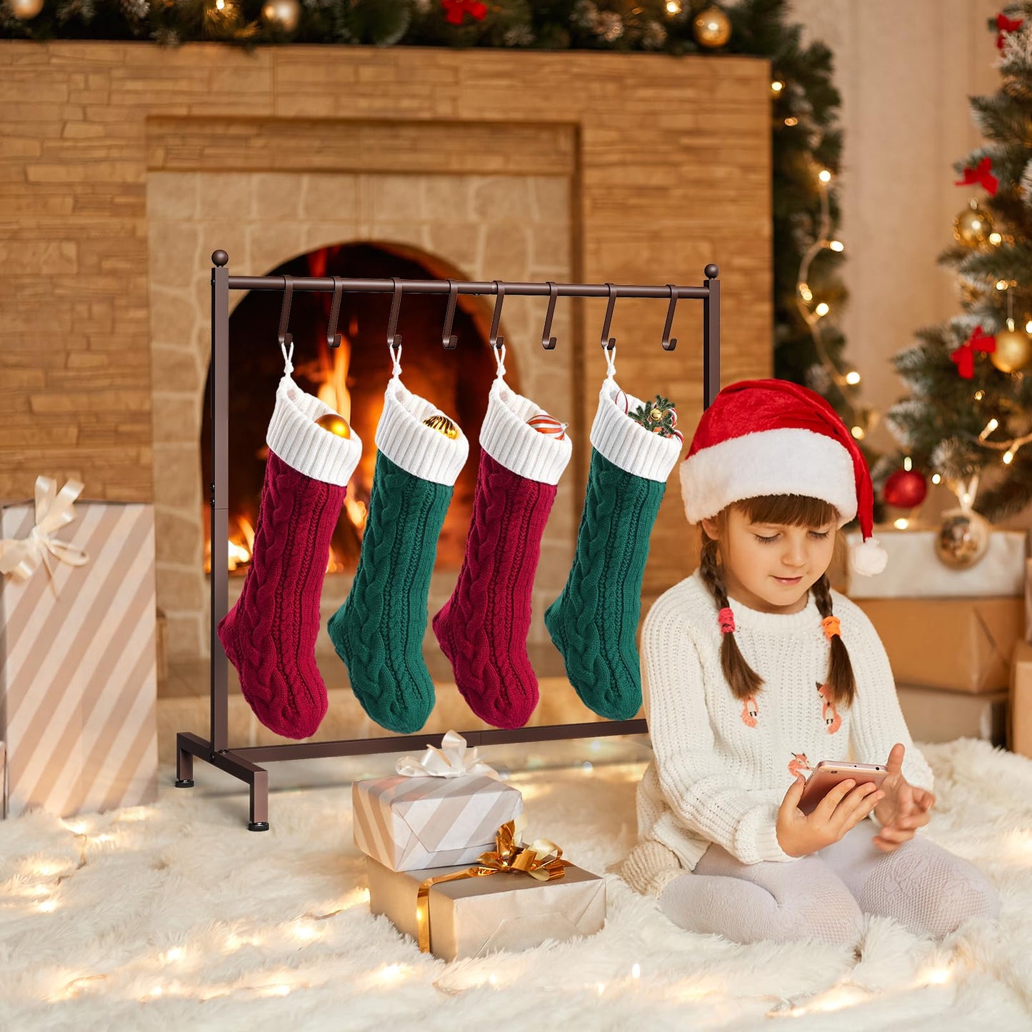 ELYKEN Christmas Stocking Holder, Free Standing Stocking Rack with 8 Removable Hooks, Small Stocking Stand, Heavy Duty Metal Tubes with Stable Base and Adjustable Feet, Bronze