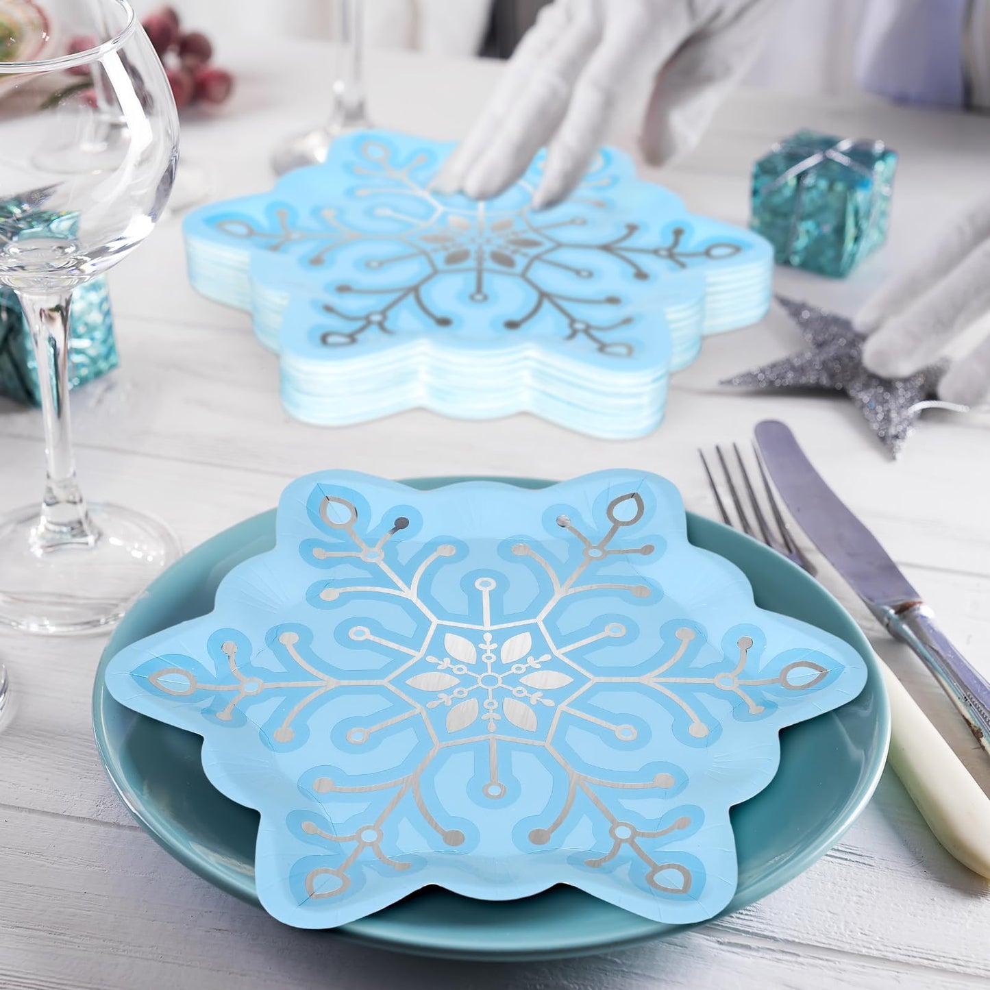 JarThenaAMCS 48Pcs Christmas Snowflake Paper Plates Silver Foil Blue Snowflake Shape Disposable Plates Winter Party Tableware for Xmas Wedding Birthday Table Decor Supplies