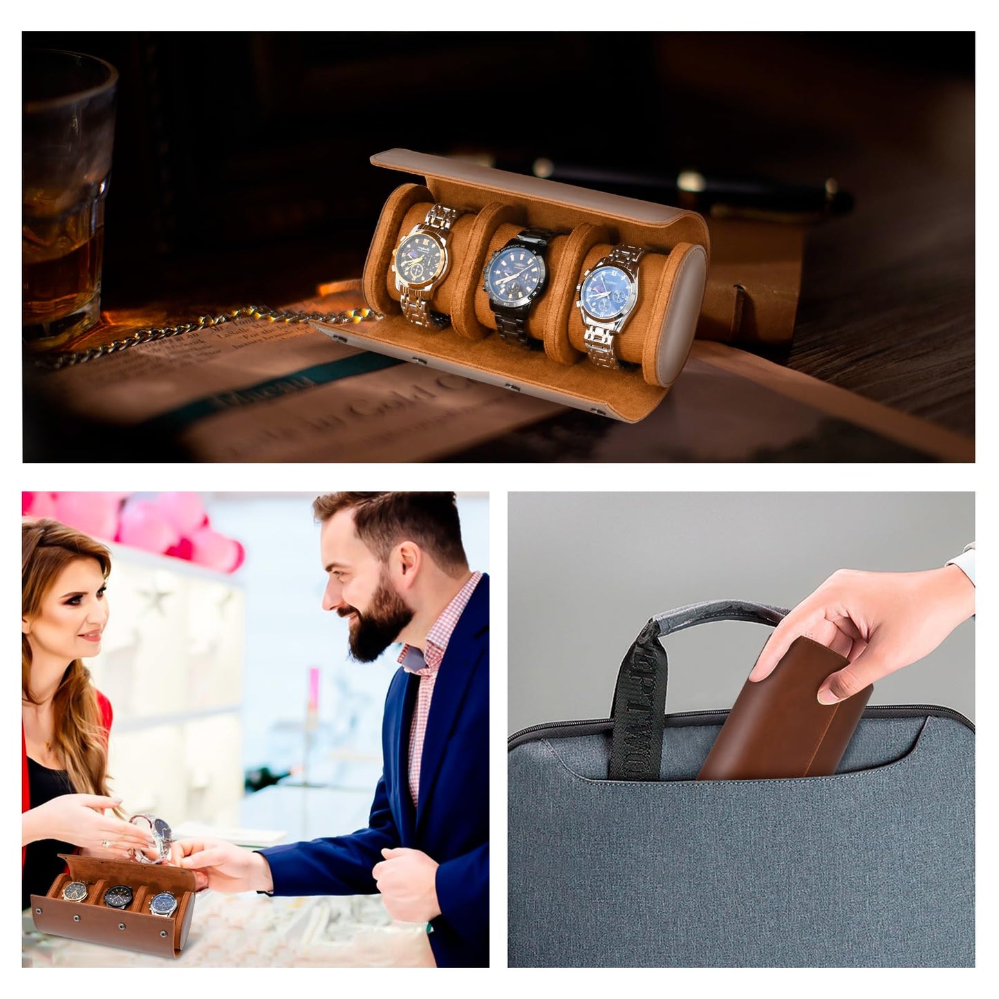 ROSELLE Watch Roll Travel Case for Men and Women- 3 Watch Storage and Organizer-Secure Storage with Innovative Removable Pillows & Solid Dividers for Home, Travel and Display(Brown)