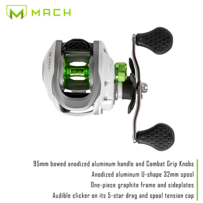 Lew’s MACH 1 Baitcast Fishing Reel, 7+1 Bearings, 7.5:1 Gear Ratio, Graphite Frame and Sideplate, Multi-Setting Brake, Speed Gears, Left-Hand Retrieve