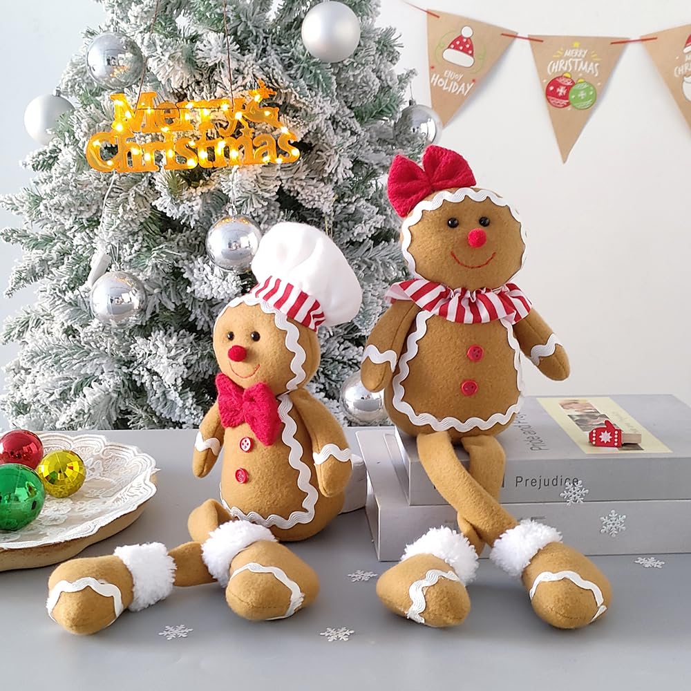 BALONAR 15Inch Large Size Christmas Plush Gingerbread Man Boy Girl Figures with Chef Hat Bowknot Christmas Ornament Home Decorations Doll Soft Door Window Table Tree Holiday Xmas Season Decor