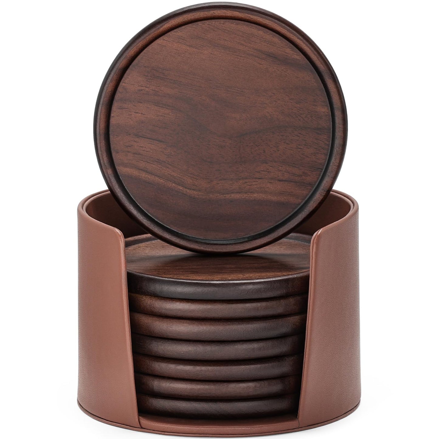 Wood Coasters with Leather Holder, GOH DODD Set of 8 Walnut Wooden Coaster Tabletop Protection for Drinks Coffee Table Home Kitchen Office Living Room Decor Housewarming Gifts Wedding Party, 4 Inch