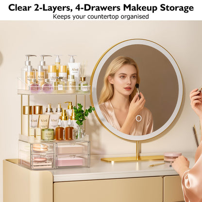SNSLXH Makeup Organizer Bathroom Storage- 4 Tier 4 Drawer Makeup Storage, Transparent Clear Cosmetics Organiser, Ideal for Cosmetic Perfume Skincare, for Countertop, Bathroom, Office Supplies, Dresser