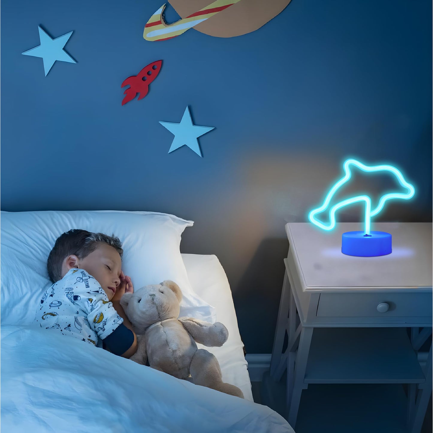 ENUOLI Dolphin Gifts Decor Dolphin Light Night Sign LED Lamp Neon Marquee Battery USB Operated Table LED Lights Table Decoration Girls Bedroom Living Room Christmas Party as Kids Gift(Blue Dolphin)
