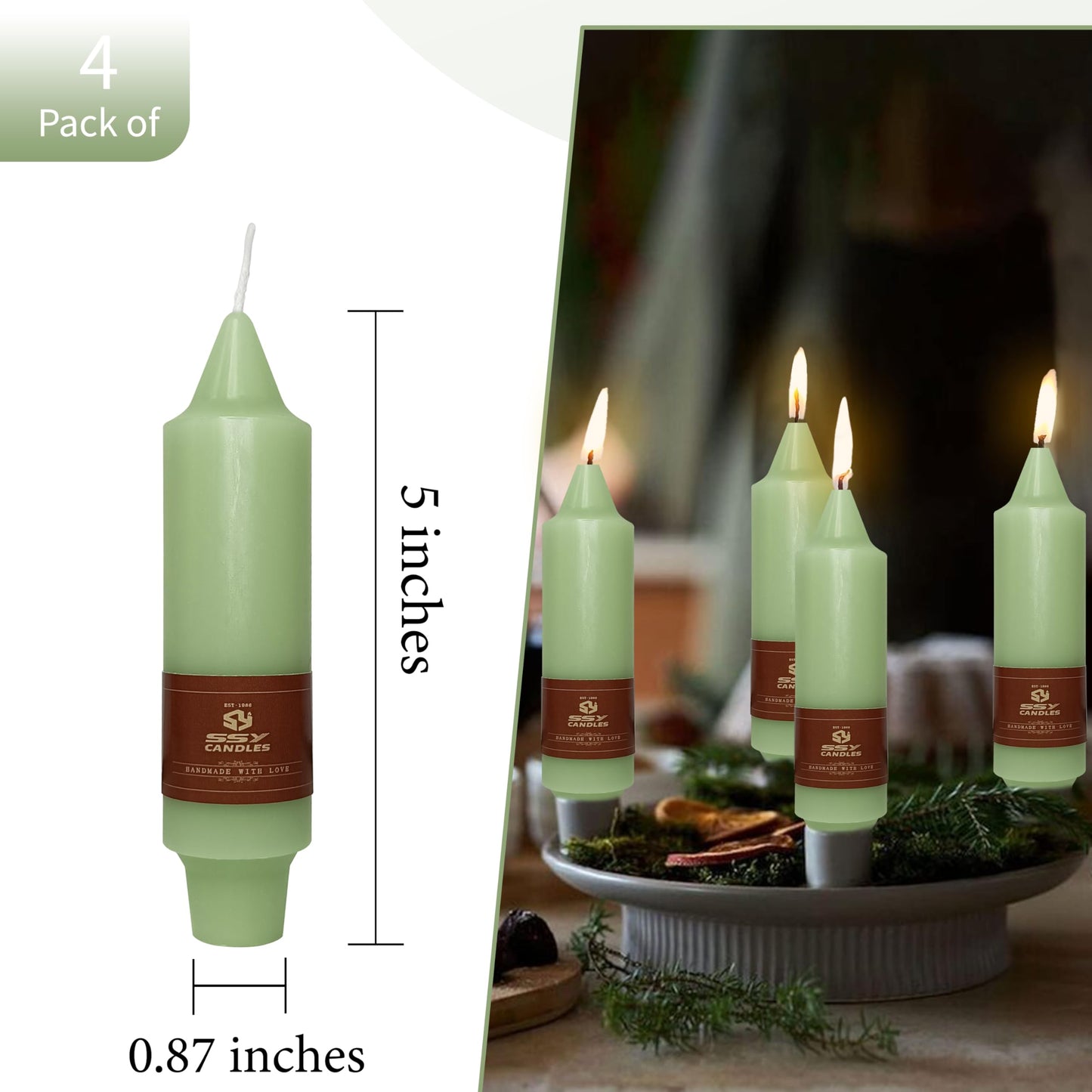 5 in Unscented Taper Candles Light Green Candles 4 PCS Smokeless Small Candlesticks for Dinner Household Wedding Party Home Décor