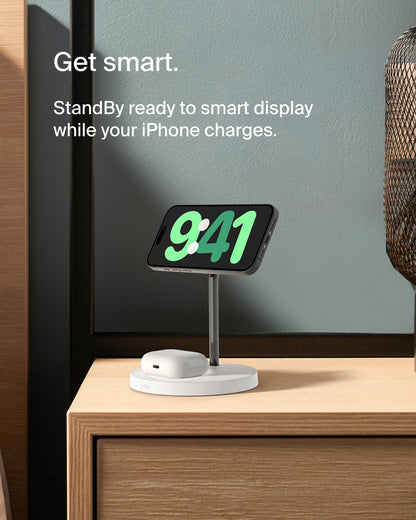 Belkin 2-in-1 MagSafe Wireless Charging Dock 15W Fast Charge iPhone Charger Compatible with iPhone 17, 16, 15, and 14 Series, AirPods, Pixel 10, and Other MagSafe Enabled Devices, PSU Included - Black