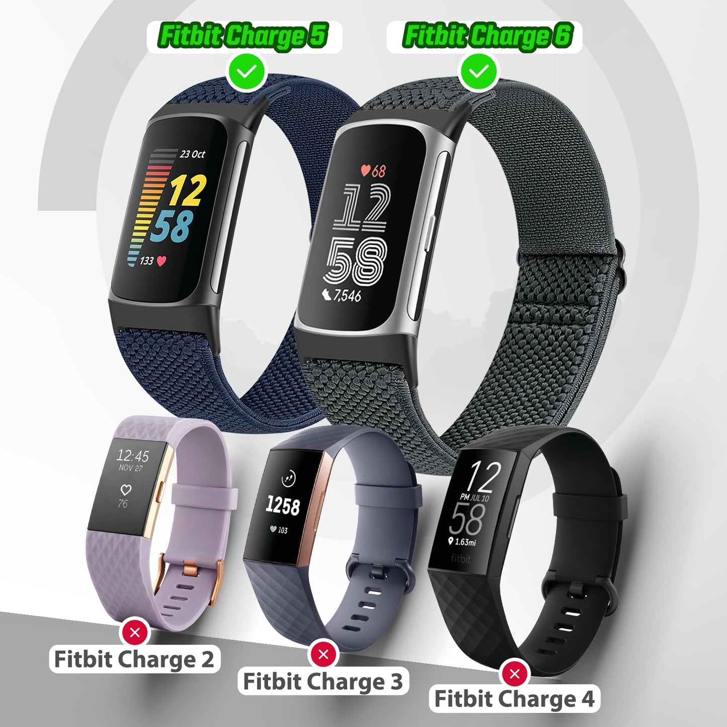 Bcuckood 5 Pack Elastic Nylon Watch Bands Compatible for Fitbit Charge 6/Fitbit Charge 5, Adjustable Breathable Replacement Stretchy Nylon Loop Wristband Sport Strap for Women Men