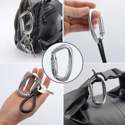 BRAVESHINE Heavy-Weight Carabiner - 2 Pack D Ring Snap Keychain Locking Caribeaner Clips - 12KN Aluminum Screws Buckle Carabiner Hook for Men Women Key Keychains, Water Bottle, Dog Leash - Silver