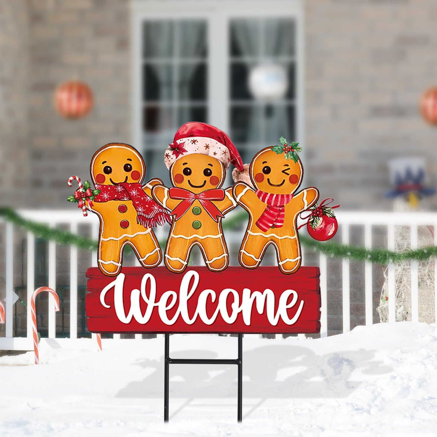 Whaline Christmas Metal Garden Stake Welcome Yard Sign Gingerbread Man Decorative Lawn Sign for Xmas Winter Holiday Home Outside Lawn Porch Walkway Decors