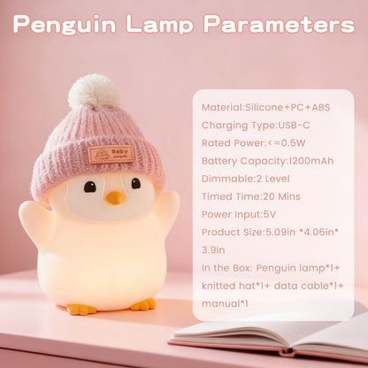 FAMIDUO Pink Penguin Night Light with Knit Hat - Squishy Silicone Rechargeable LED Bedside Lamp, Dimmable Timer for Baby Nursery, Cute Animal Nightlight, Adorable Penguin Gift for Boys Girls Toddlers