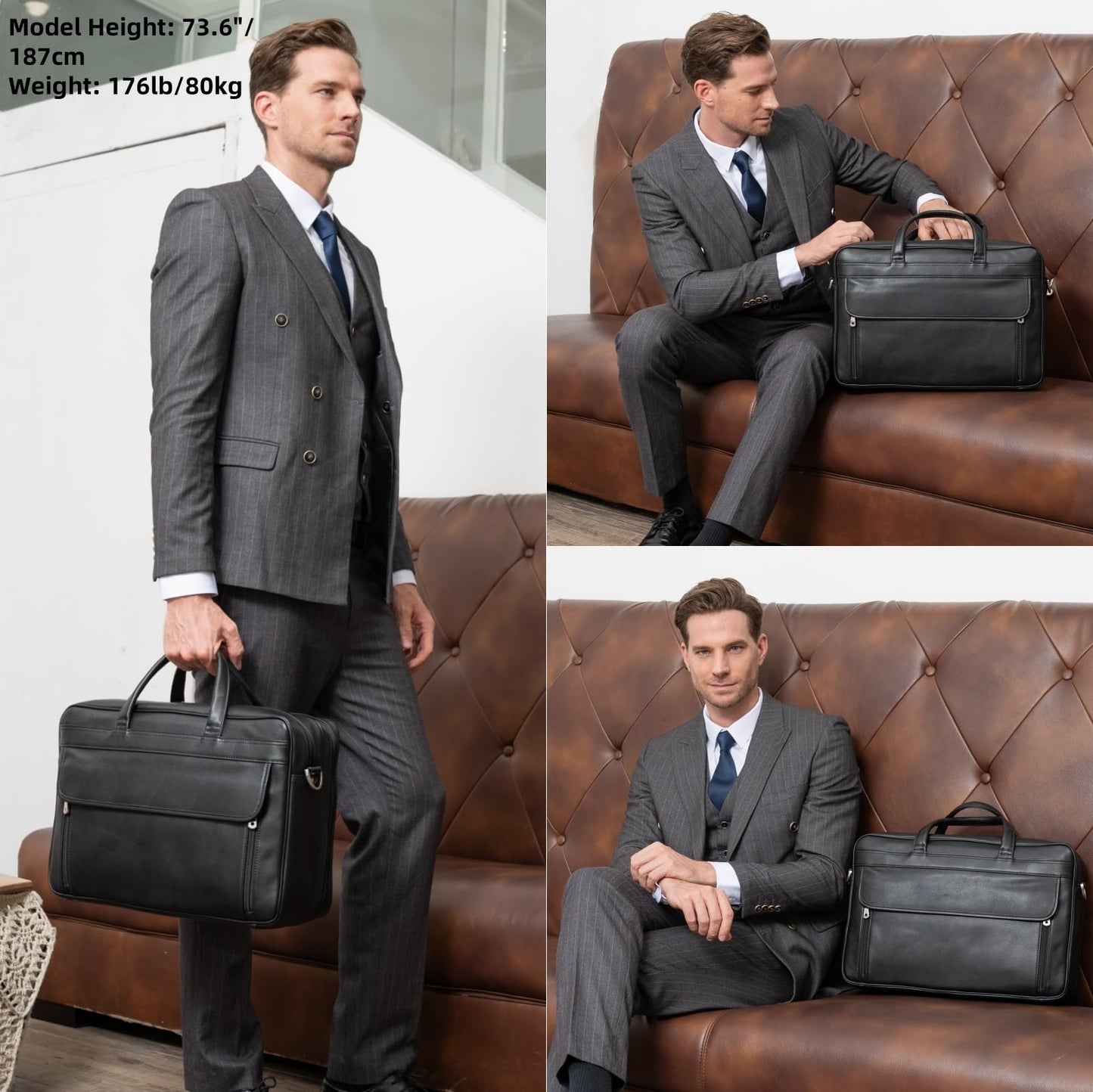 Masa Kawa Black Leather Briefcase for Men 17 Inch Laptop Computer Case Business Travel Work Messenger Cross Body Shoulder Bag