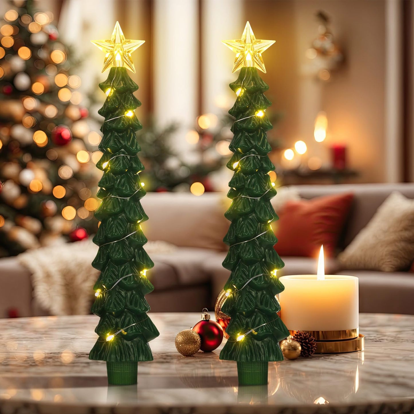 Tujoe 2 Pcs Green Christmas Tree Candles with Remote Flameless Taper Candles Flickering Led Xmas Candlesticks Battery Operated 3D Wick Warm Light for Holiday Winter Table Centerpiece Decorations