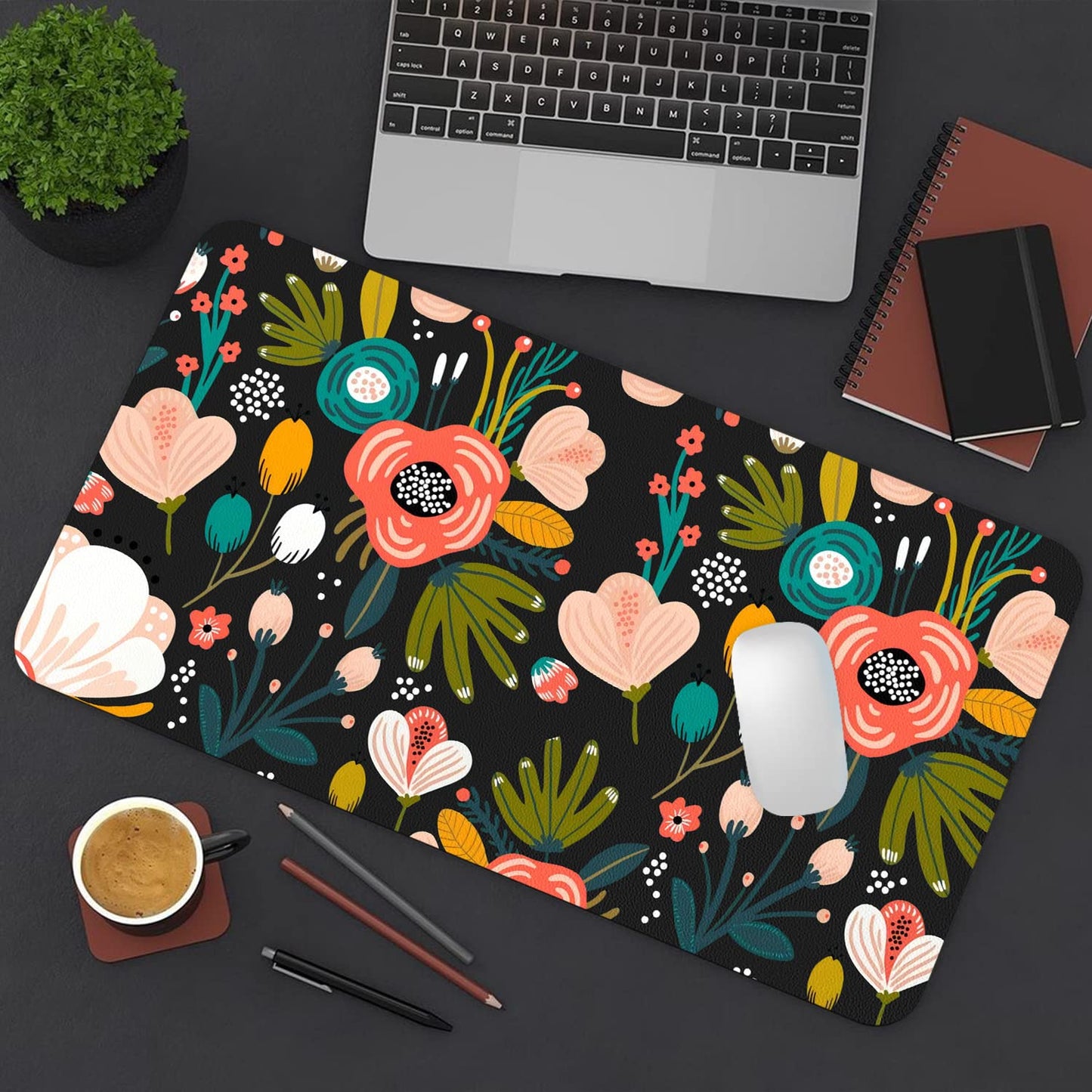 Desk Mat Large Protector Pad 31.5" ×15.7", Non-Slip PU Leather Desk Blotter, Waterproof Mouse Pad for Office Home Black Floral
