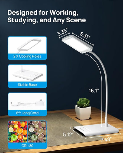 TROND Desk Lamp, Bright Dimmable Eye-Caring Table Lamp, 3 Color Modes 7 Brightness Levels, Flexible Gooseneck, Touch Control, Memory Function, Desk Light for Home Office Dorm Room Essentials