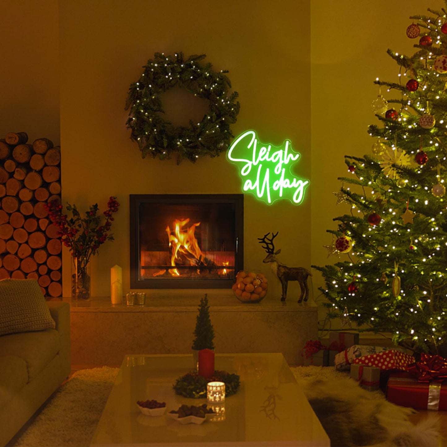 CKTBLEY Sleigh All Day Neon Lights Signs Christmas Neon Sign Green Letter LED Neon Lights for Wall Words Xmas Neon Light Up Sign for Bedroom Bar Man Cave Christmas Party Decor