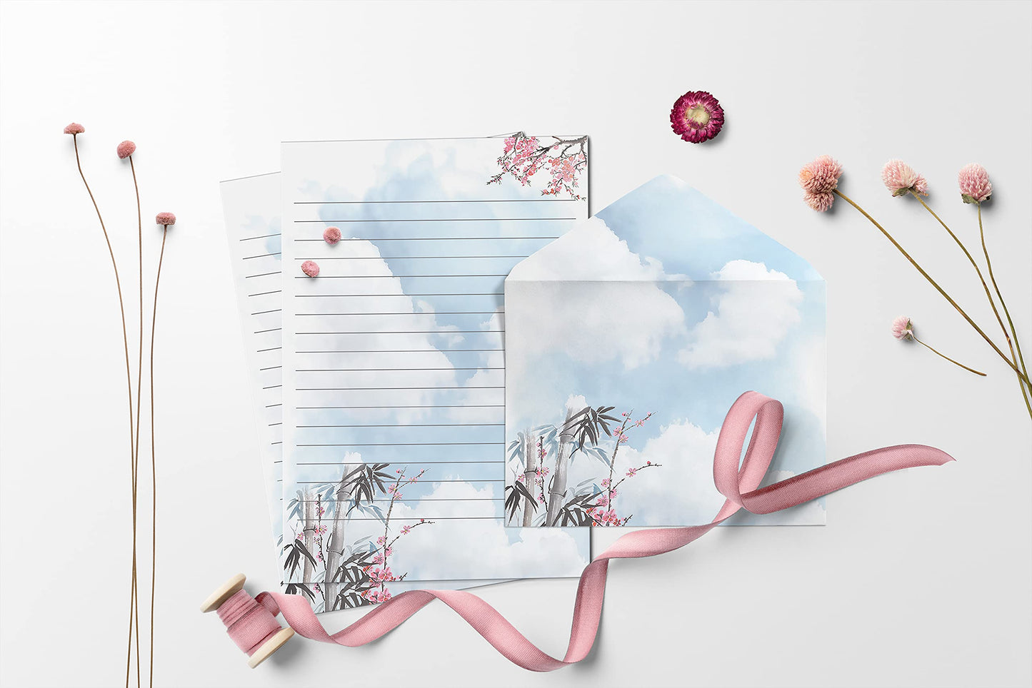 Better Office Products Mini Stationery Set of 100, Japanese Stationery Paper (50 Lined Sheets + 50 Matching Envelopes), 5.5 x 8.25 inch, 9 Designs, Double Sided Printing, One Side Lined Paper,
