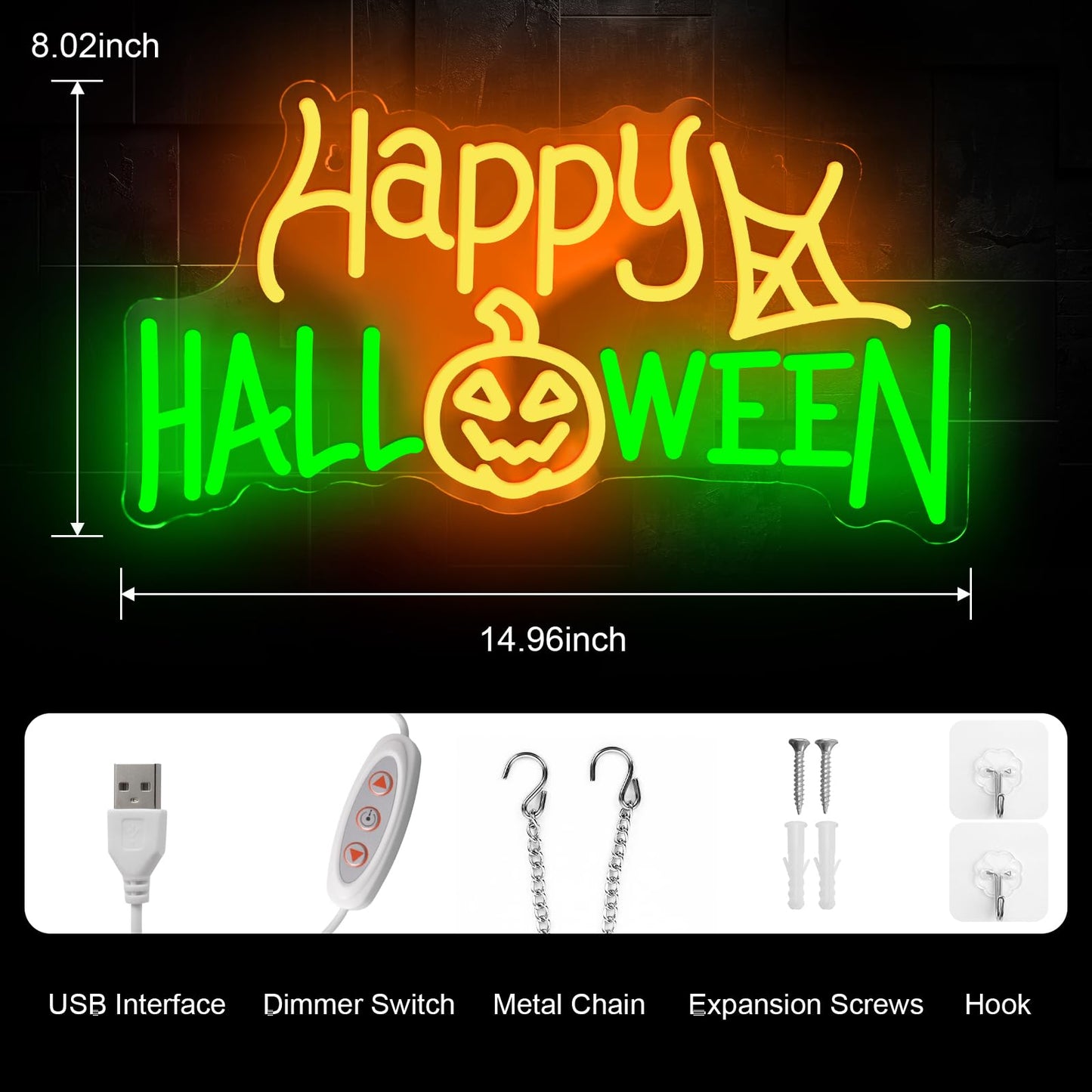 Happy Halloween Neon Sign, LED Halloween Light Up Decor Web Pumpkin Neon Signs for Wall Bedroom Home Bar Halloween Party Decor Halloween Present for Trick or Treat Party Backdrop