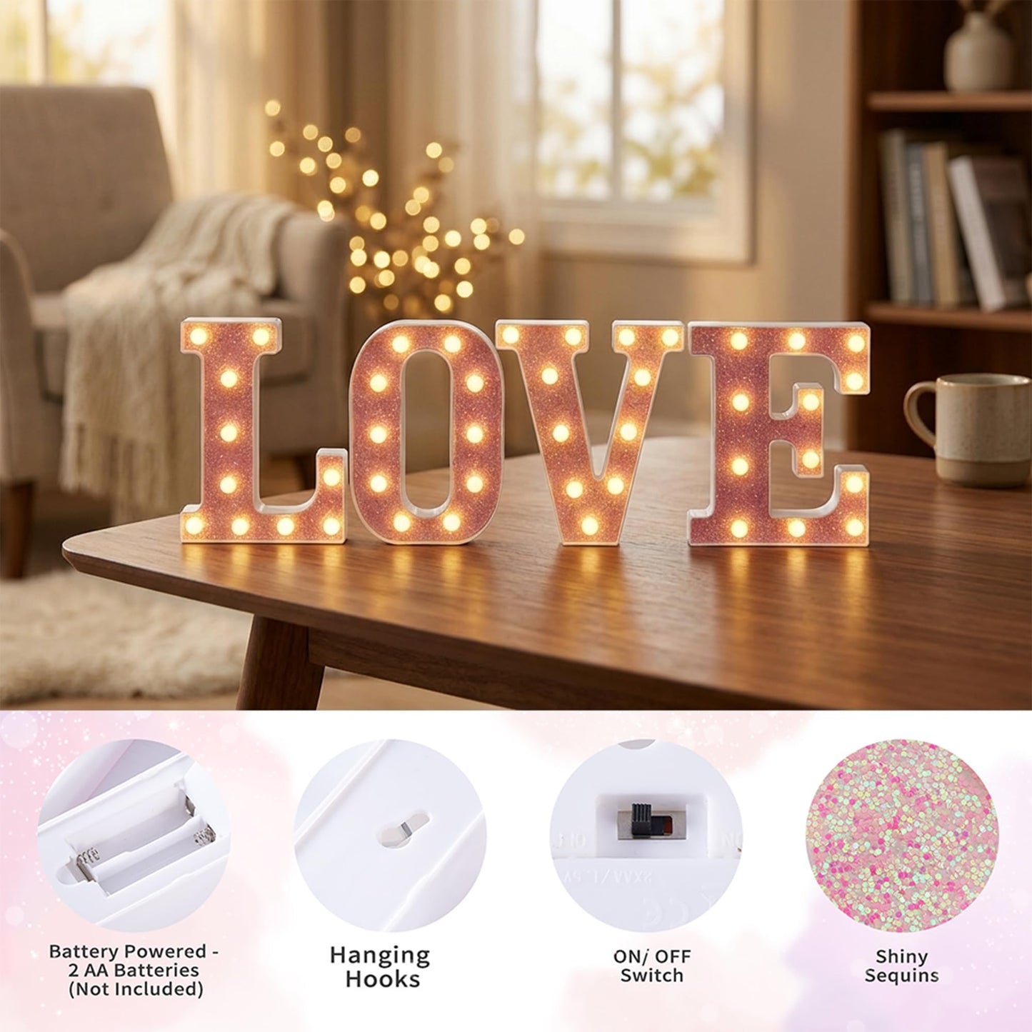 EUFONY Pink Glitter Marquee Light Up Letters, Battery Operated LED Letter Lights Signs for Pink Birthday Party Table Decorations, Wall Decor for Girls Bedroom, Initial Letter E with Warm White Lights