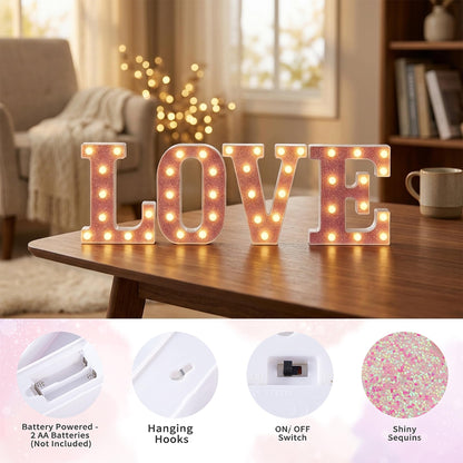 EUFONY Pink Glitter Marquee Light Up Letters, Battery Operated LED Letter Lights Signs for Pink Birthday Party Table Decorations, Wall Decor for Girls Bedroom, Initial Letter E with Warm White Lights